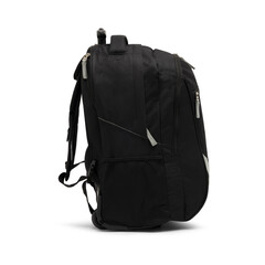 Naklejka premium rolling black backpack isolated on white background. travel daypack with zippered and shoulder straps. satchel rucksack. canvas school backpack. foldable stand bag with handle and wheels. top view.