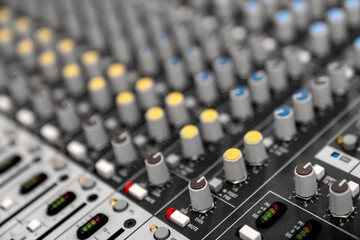 Mixer control. Music engineer. Backstage controls on an audio mixer, Sound mixer. Professional...