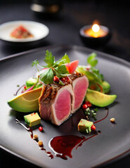 Japanese food, Tuna tataki steak with colorful avocado salad in high kitchen restaurant, haute cuisine, fine dining. Generative Ai.