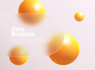 Glass morphism banner template. Banner made of transparent plastic with a blur effect and orange spheres.