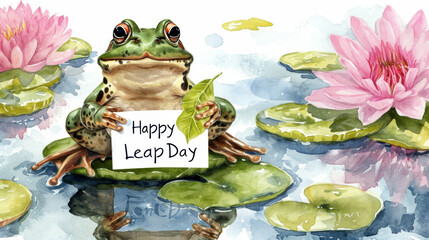Leap day, ONE EXTRA DAY, Leap year 29 February 2024 watercolor illustration. Cute Green Frog on a water lily in the lake and text Happy Leap Day.
