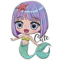 Cute Cartoon Mermaid with purple hair