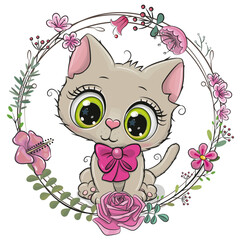 Cartoon White kitten with a floral wreath