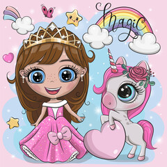 Cute Cartoon fairy tale Princess and Unicorn
