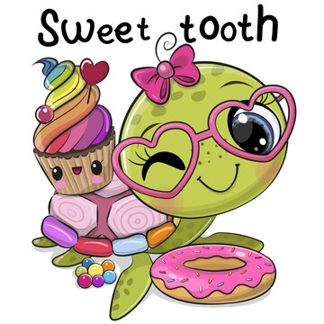 artoon Turtle Sweet tooth with Cupcake