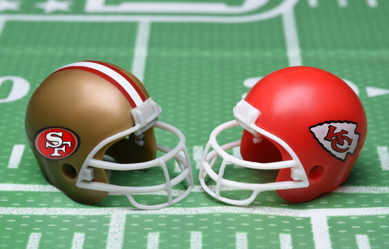 IRVINE, CALIFORNIA - 29 JAN 2024: Helmets for the Kansas City Chiefs and San Francisco 49ers, opponents in Super Bowl LVIII.
