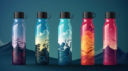 Stainless thermos bottle with natural and energy cover design, pure and clean natural drinking water. - obrazy, fototapety, plakaty