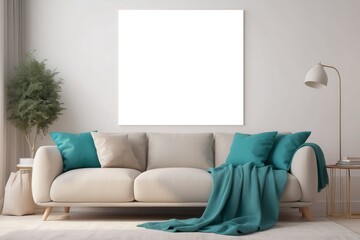 Turquoise blue knot pillow on a beige corner sofa and blank poster on a white wall in a modern living room interior