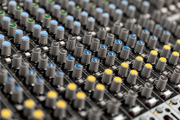 Mixer control. Music engineer. Backstage controls on an audio mixer, Sound mixer. Professional...