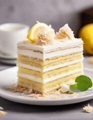 Piece of biscuit dessert with lemon and coconut flakes. Layered vanilla cake on a white plate. Generative AI.