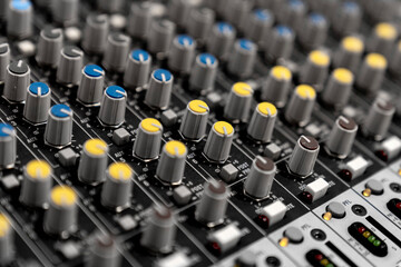 Mixer control. Music engineer. Backstage controls on an audio mixer, Sound mixer. Professional audio mixing console with lights, buttons, faders and sliders. sound check for concert. 