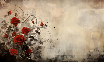 Grunge floral background. Vintage retro frame for Valentine's day with copy space. Worn stained romantic banner of roses on shabby crumpled background. Faded design for holiday greeting ads card.