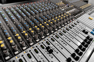 Mixer control. Music engineer. Backstage controls on an audio mixer, Sound mixer. Professional...