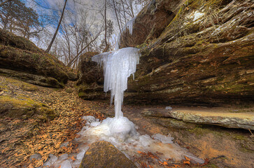 Frozen Spirit Canyon.  Water caught in a frozen falls along the hiking trail in Spirit Canyon along the Trail Through Time hiking trail in Pickle Springs Nature Area 

Ste Genevieve Missouri 
