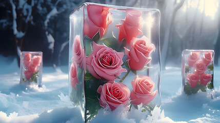   An ice cube in the snow with frozen roses inside