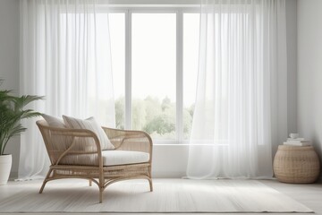 Sheer white curtains on the window of a white living room interior with a striped, linen pillow on a modern wicker chair