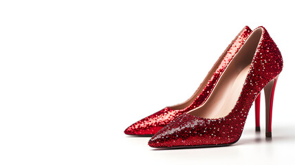  a pair of red glitter high heels on white background 
