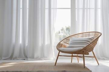 Fototapeta na wymiar Sheer white curtains on the window of a white living room interior with a striped, linen pillow on a modern wicker chair