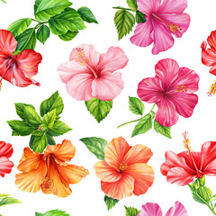 Fototapeta na wymiar Tropical hibiscus flower, Palm leaf botanical summer Seamless pattern. Watercolor tropical background hand drawn flora