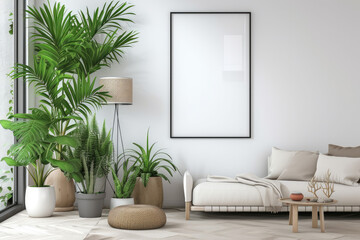 Frame mockup with ISO A paper size, showcasing a living room wall poster mockup against a modern interior design background, presented in a 3D render.