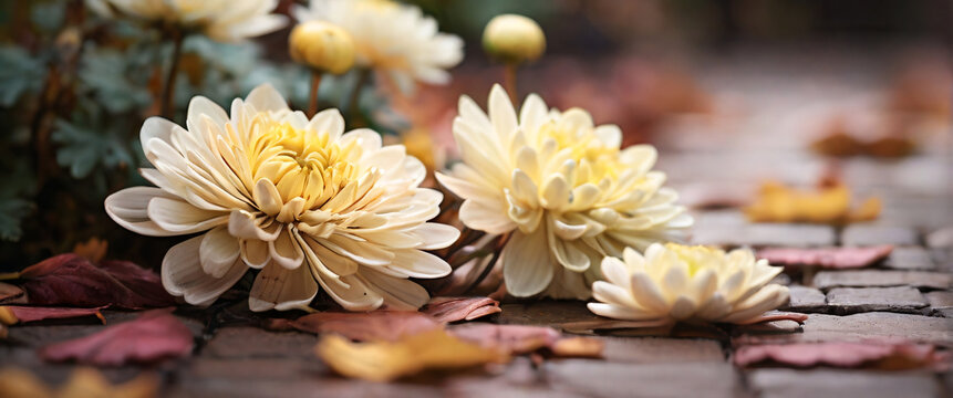 A close-up of a few chrysanthemum flowers in full bloom, with a few fallen petals scattered around. The background is a soft wash of autumn colors, suggesting a garden setting. Stylish in the style of