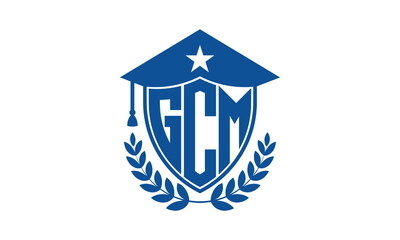 GCM three letter iconic academic logo design vector template. monogram, abstract, school, college, university, graduation cap symbol logo, shield, model, institute, educational, coaching canter, tech