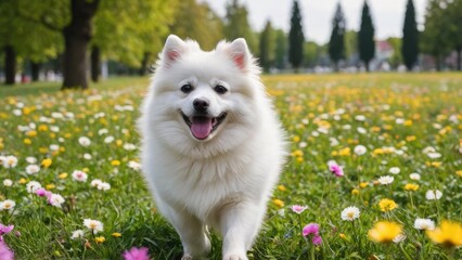 White german spitz dog in flower field