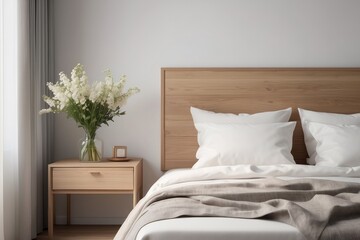 Fototapeta na wymiar Bright and natural hotel room interior with single bed and wooden nightstand with flowers