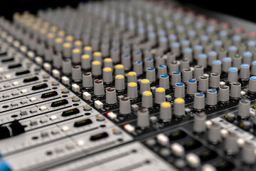 Mixer control. Music engineer. Backstage controls on an audio mixer, Sound mixer. Professional...