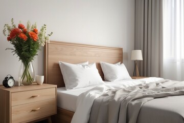 Bright and natural hotel room interior with single bed and wooden nightstand with flowers