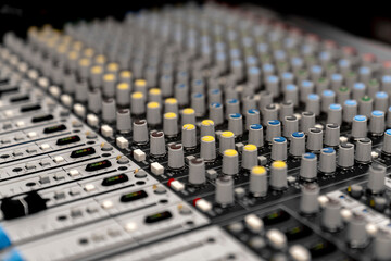Mixer control. Music engineer. Backstage controls on an audio mixer, Sound mixer. Professional...