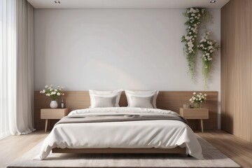 Fototapeta na wymiar Bright and natural hotel room interior with single bed and wooden nightstand with flowers