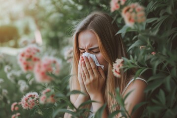 a young caucasian white woman sneezing into a napkin blowing her stuffed nosed caused by seasonal allergies standing outside in the field of blooming and blossoming flowers, trees and plants - obrazy, fototapety, plakaty