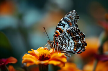 close-up of a stunning butterfly on an orange-petaled flower with intriguing textures.