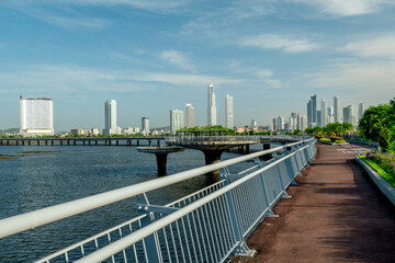 Panama City skyline seen from Cinta Costera 3, the old and new towns' Bypass Highway , Panama City...