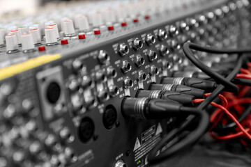 Mixer control. Music engineer. Backstage controls on an audio mixer, Sound mixer. Professional...
