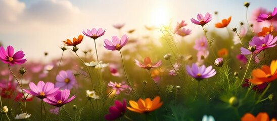 Obraz na płótnie Canvas Beautiful spring summer bright natural background with colorful cosmos flowers close up.