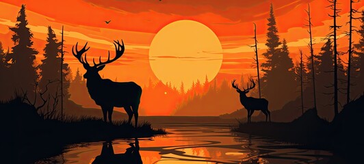 A stunning silhouette of a deer against the backdrop of a vibrant sunset.