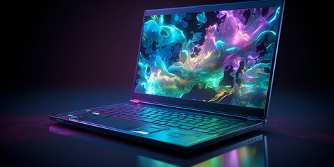 Smoke Screen Background, Epic gaming laptop on table with customized rgb lights in background, Smoke-themed Devices Redefining Aesthetics,  Generative AI