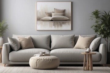 Beige cushions on gray couch in modern living room