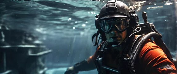 Foto op Plexiglas cyborg soldier fighting in underwater in ocean zone using weapon underwater, Conquer the Seas with Battleships, Warships, and Frigates in an Epic Battle of the Oceans © Monmeo