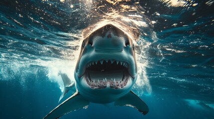 Ocean shark bottom view from below. Open toothy dangerous mouth with many teeth. Underwater blue sea waves clear water shark swims