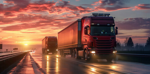 Truck driving on the asphalt road in rural landscape at sunset with dark clouds