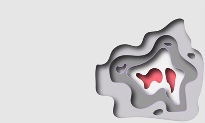 Abstract background in paper cut style. 3d white and grey colors waves with smooth shadow. Summertime bright rainbow layered banner with butterfly vector illustration.