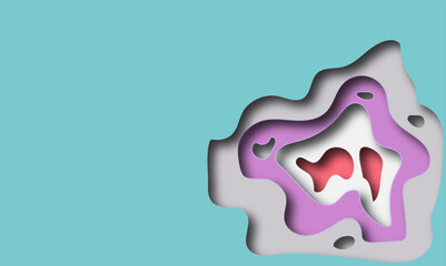 Abstract background in paper cut style. 3d violet and purple colors waves with smooth shadow. Summertime bright rainbow layered banner with butterfly vector illustration.