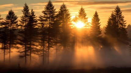 A foggy morning view of a pine tree forest with a rays of yellow sunrise. Beautiful landscape background wallpaper.