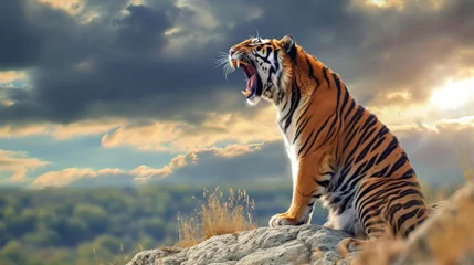 Zelfklevend Fotobehang Big Bengal tiger roaring on the cliff. © Sasint