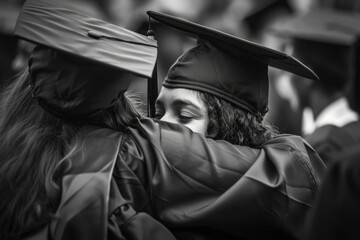 A heartwarming scene at a graduation ceremony captures a female graduate in a black cap and gown embracing a joyous man. Her face is buried in his shoulder. Ai generative. - obrazy, fototapety, plakaty