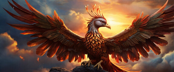 Fototapeta premium A magnificent phoenix in mid-flight, its wings spread wide against a backdrop of clouds and sun. The feathers are intricately detailed