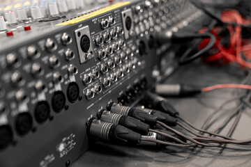 Mixer control. Music engineer. Backstage controls on an audio mixer, Sound mixer. Professional...